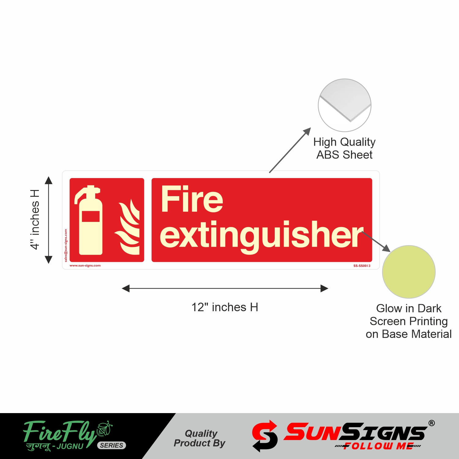 2 pcs of Reflective Fire Safety Signage Board with the Symbol of Fire extinguisher, Material used ABS, Size 4 x 12 inch, Glow in Dark