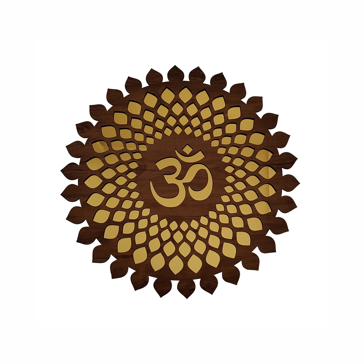 SUNSIGNS - OM Wall Decorative item Showpiece for Home Decor/Office Decorative Round Shape Size 24 inches Wooden Colour with Lazer Cut Jaali along with Golden Mirror