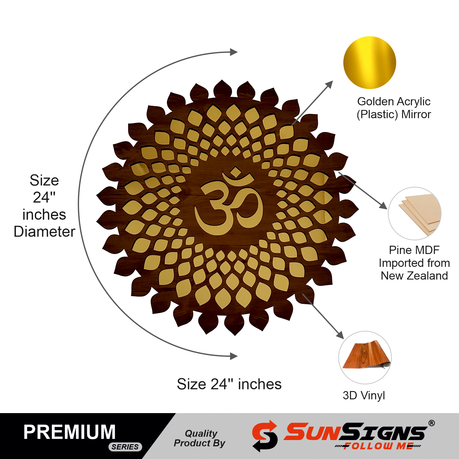 SUNSIGNS - OM Wall Decorative item Showpiece for Home Decor/Office Decorative Round Shape Size 24 inches Wooden Colour with Lazer Cut Jaali along with Golden Mirror