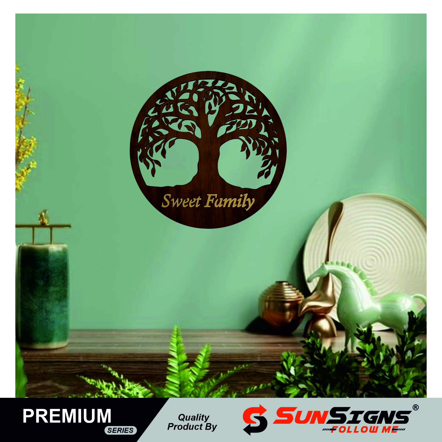 SUNSIGNS - Sweet Family Tree Wall Hanging Decorative / Decor Showpiece for Home / Office, Round Shape, Size 18" X 18" inches Wooden Colour, Lazer Cut Design