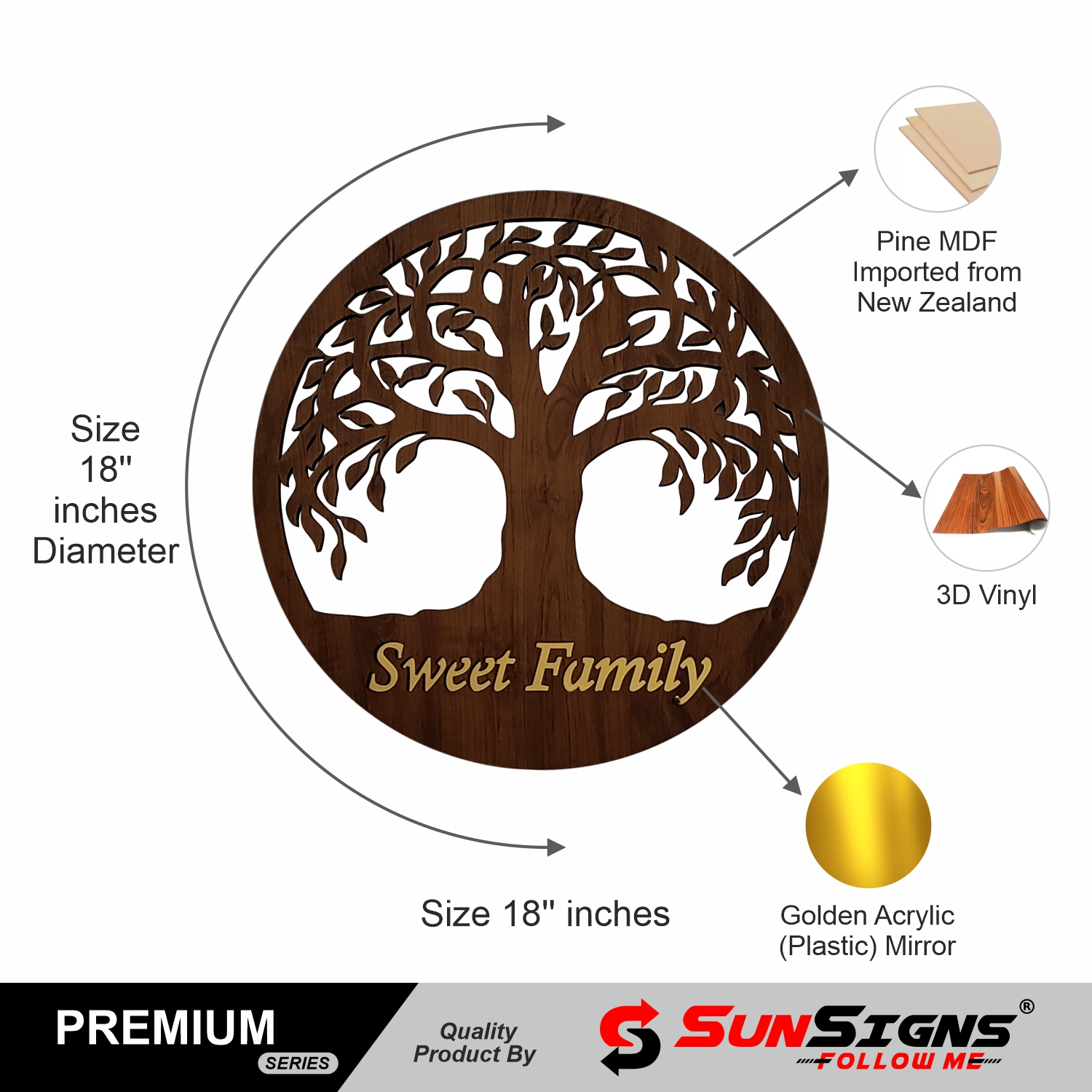 SUNSIGNS - Sweet Family Tree Wall Hanging Decorative / Decor Showpiece for Home / Office, Round Shape, Size 18" X 18" inches Wooden Colour, Lazer Cut Design